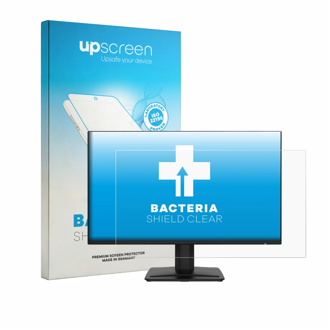 Parte frontal de un envase de producto con el logotipo de la marca upscreen. Al lado se muestra el dispositivo MSI PRO MP243 c