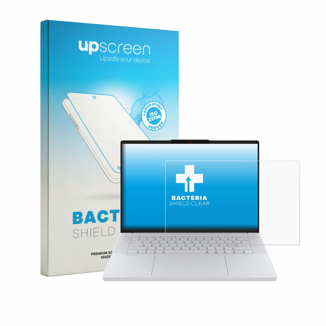 Parte frontal de un envase de producto con el logotipo de la marca upscreen. Al lado se muestra el dispositivo Lenovo Googlebo