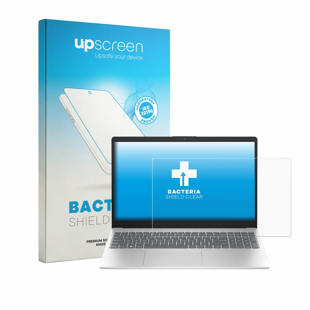 Parte frontal de un envase de producto con el logotipo de la marca upscreen. Al lado se muestra el dispositivo HP 15-fd1750ngx