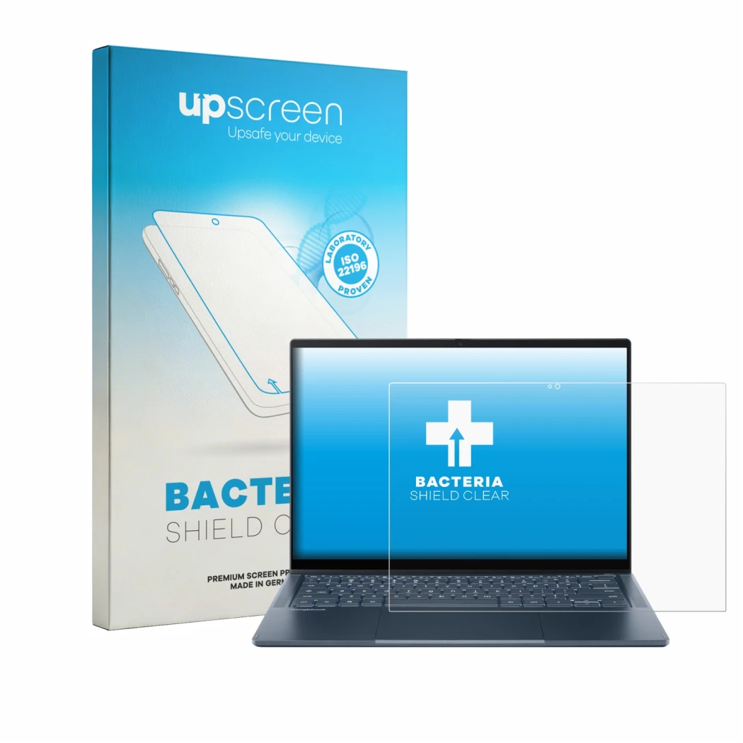 Parte frontal de un envase de producto con el logotipo de la marca upscreen. Al lado se muestra el dispositivo Acer Googlebook