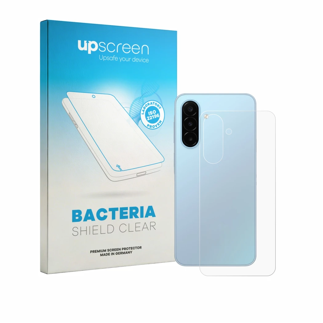 Parte frontal de un envase de producto con el logotipo de la marca upscreen. Al lado se muestra el dispositivo Samsung Galaxy