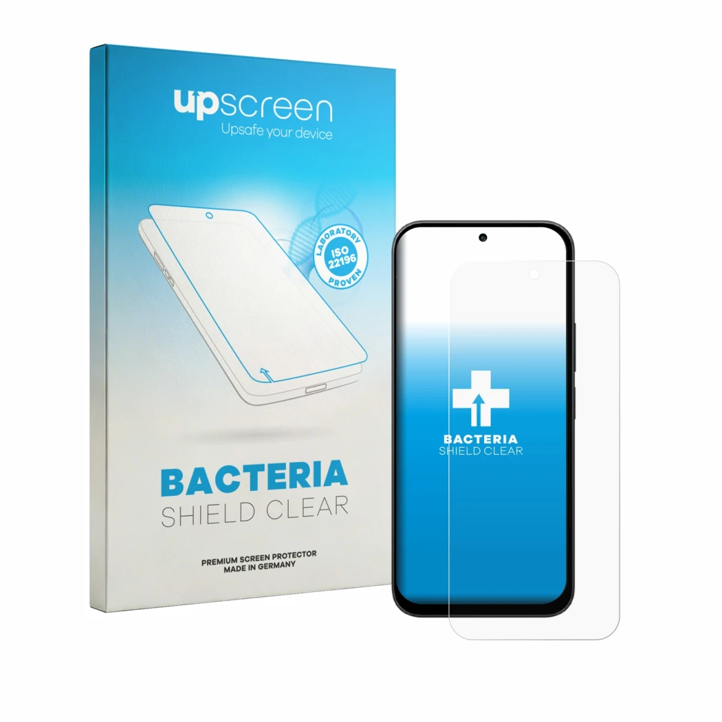 Parte frontal de un envase de producto con el logotipo de la marca upscreen. Al lado se muestra el dispositivo Xiaomi Poco C95