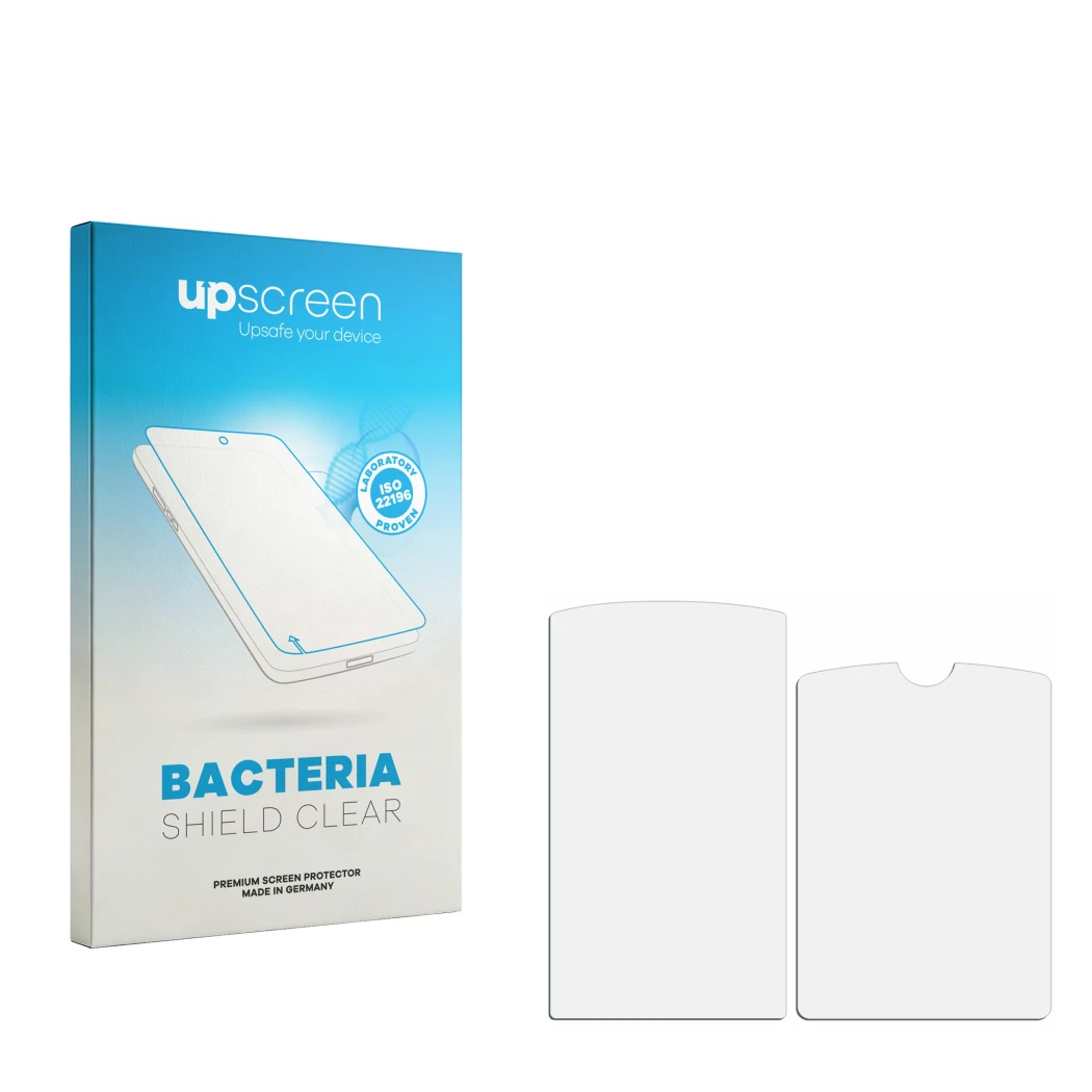 Parte frontal de un envase de producto con el logotipo de la marca upscreen. Al lado está el protector de pantalla correspondi