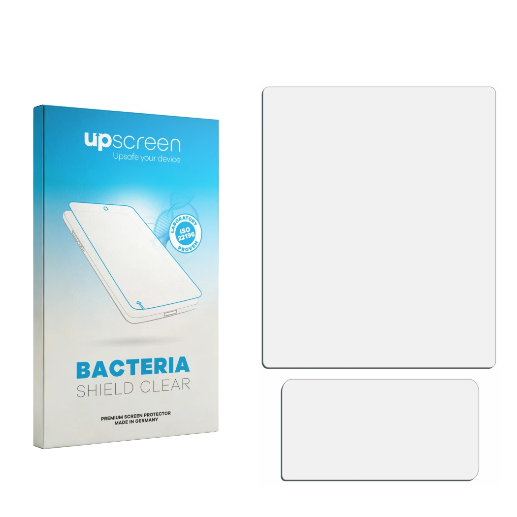Parte frontal de un envase de producto con el logotipo de la marca upscreen. Al lado está el protector de pantalla correspondi