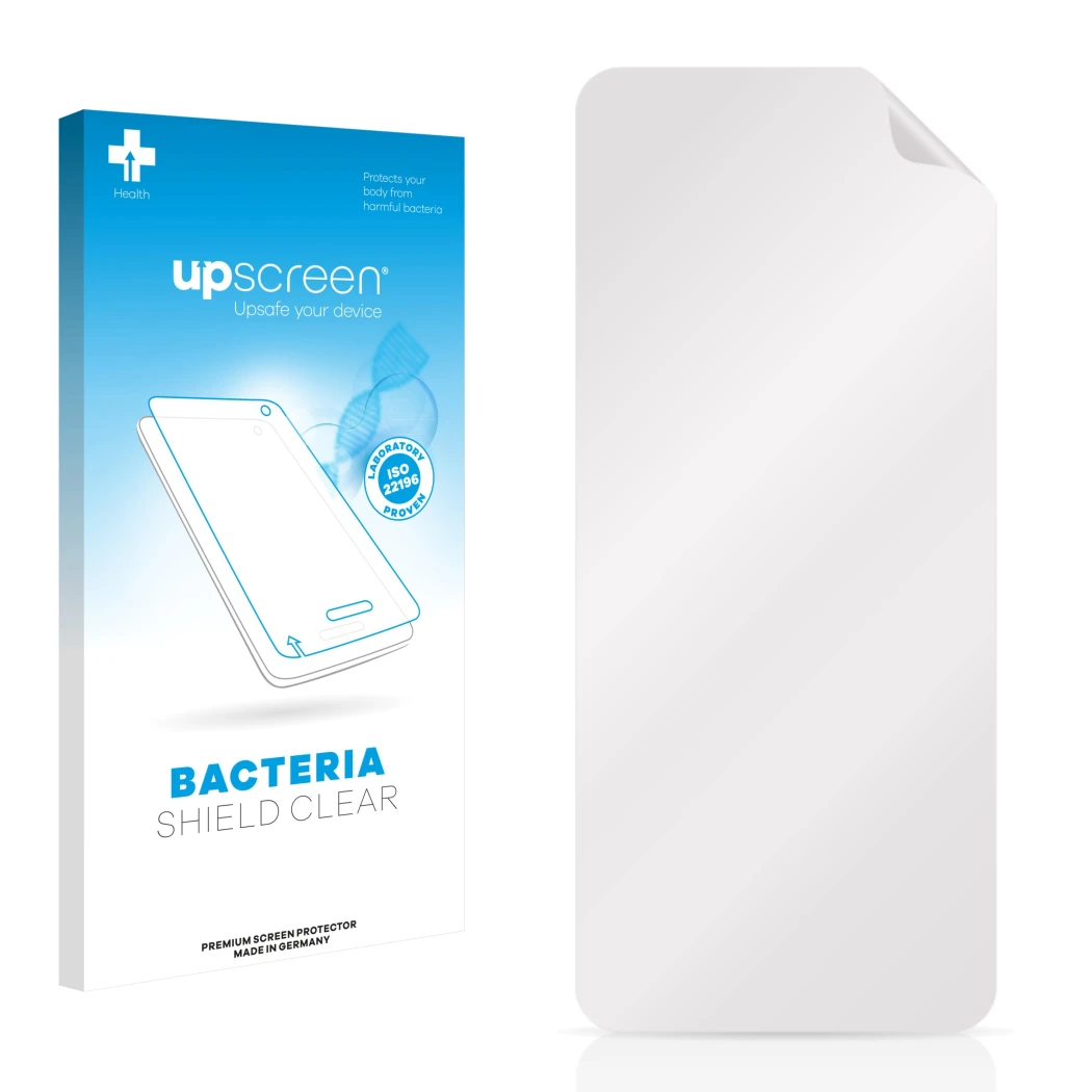 Parte frontal de un envase de producto con el logotipo de la marca upscreen. Al lado está el protector de pantalla correspondi