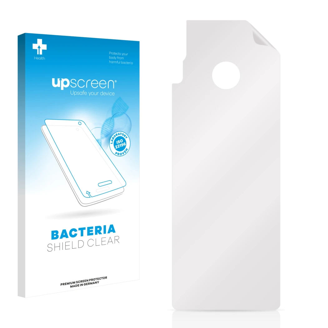 Parte frontal de un envase de producto con el logotipo de la marca upscreen. Al lado está el protector de pantalla correspondi