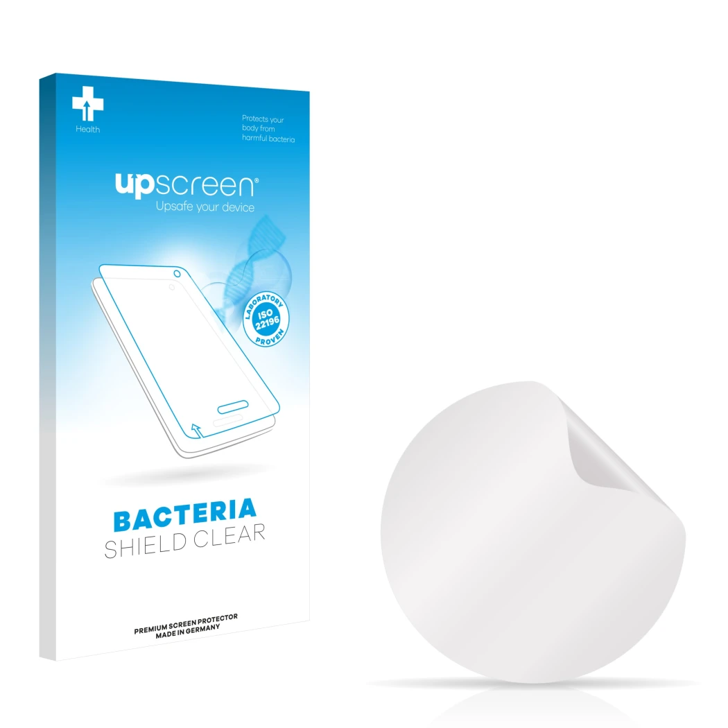 Parte frontal de un envase de producto con el logotipo de la marca upscreen. Al lado está el protector de pantalla correspondi
