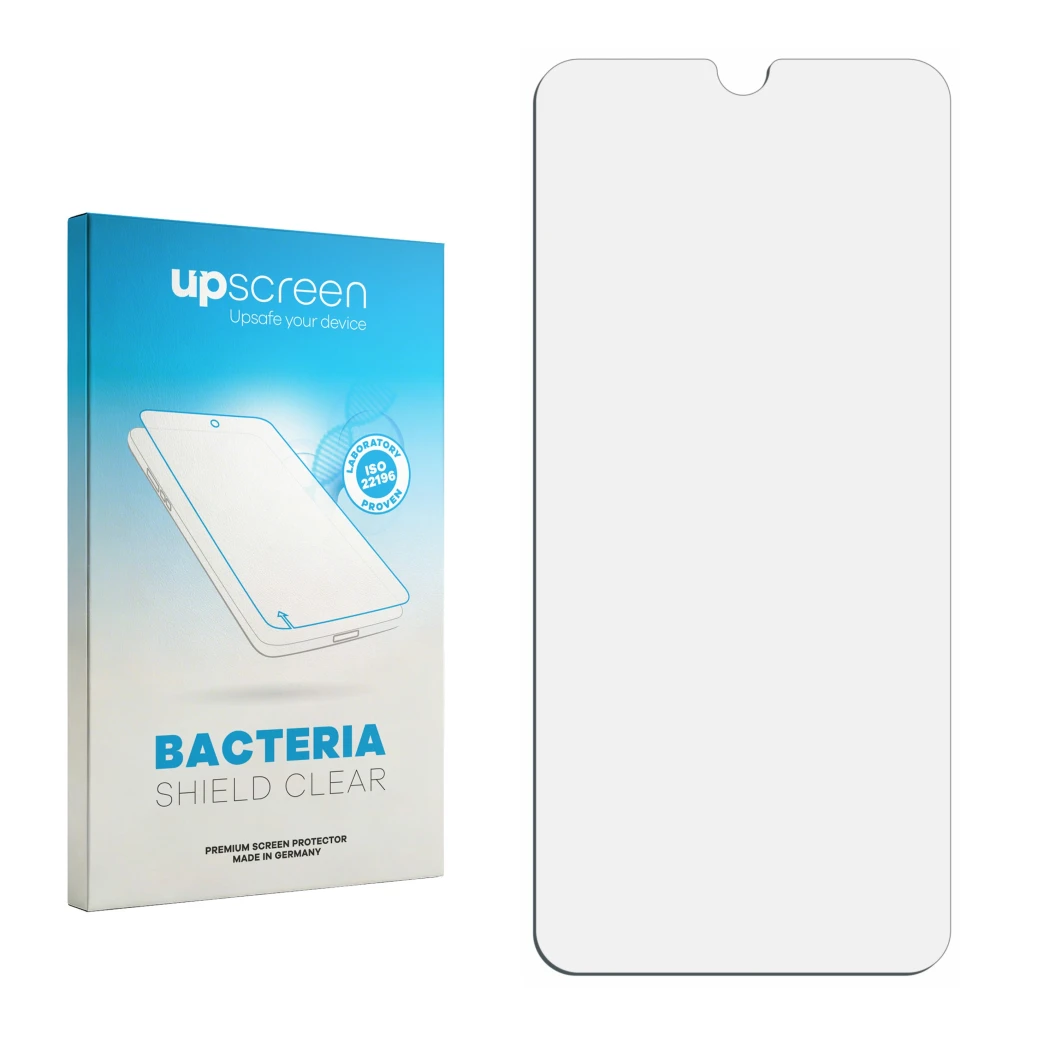 Parte frontal de un envase de producto con el logotipo de la marca upscreen. Al lado está el protector de pantalla correspondi