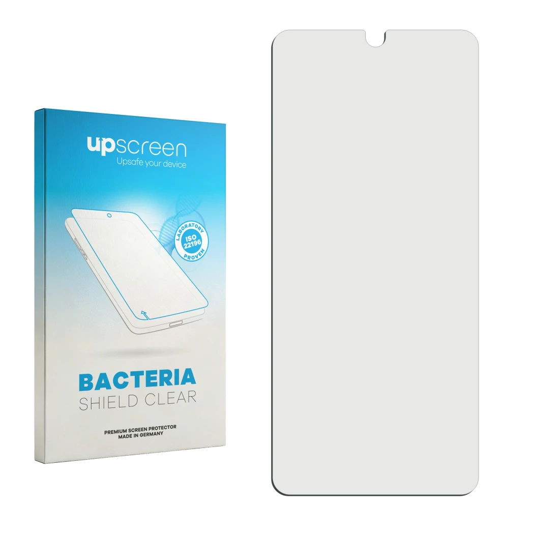 Parte frontal de un envase de producto con el logotipo de la marca upscreen. Al lado está el protector de pantalla correspondi