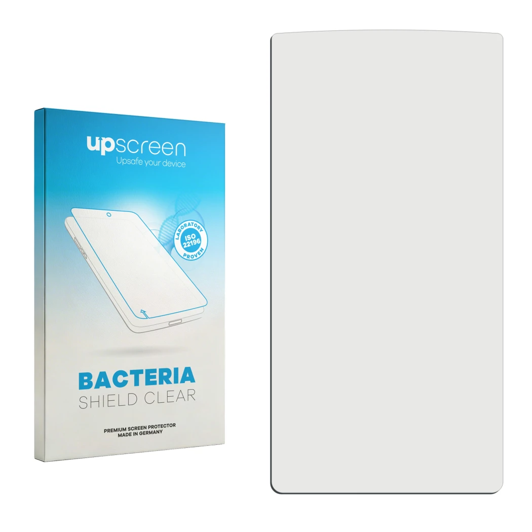 Parte frontal de un envase de producto con el logotipo de la marca upscreen. Al lado está el protector de pantalla correspondi