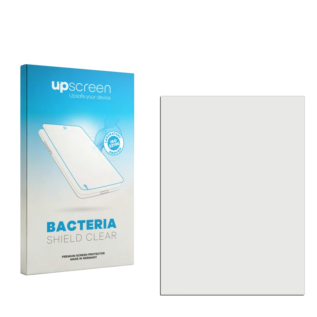 Parte frontal de un envase de producto con el logotipo de la marca upscreen. Al lado está el protector de pantalla correspondi
