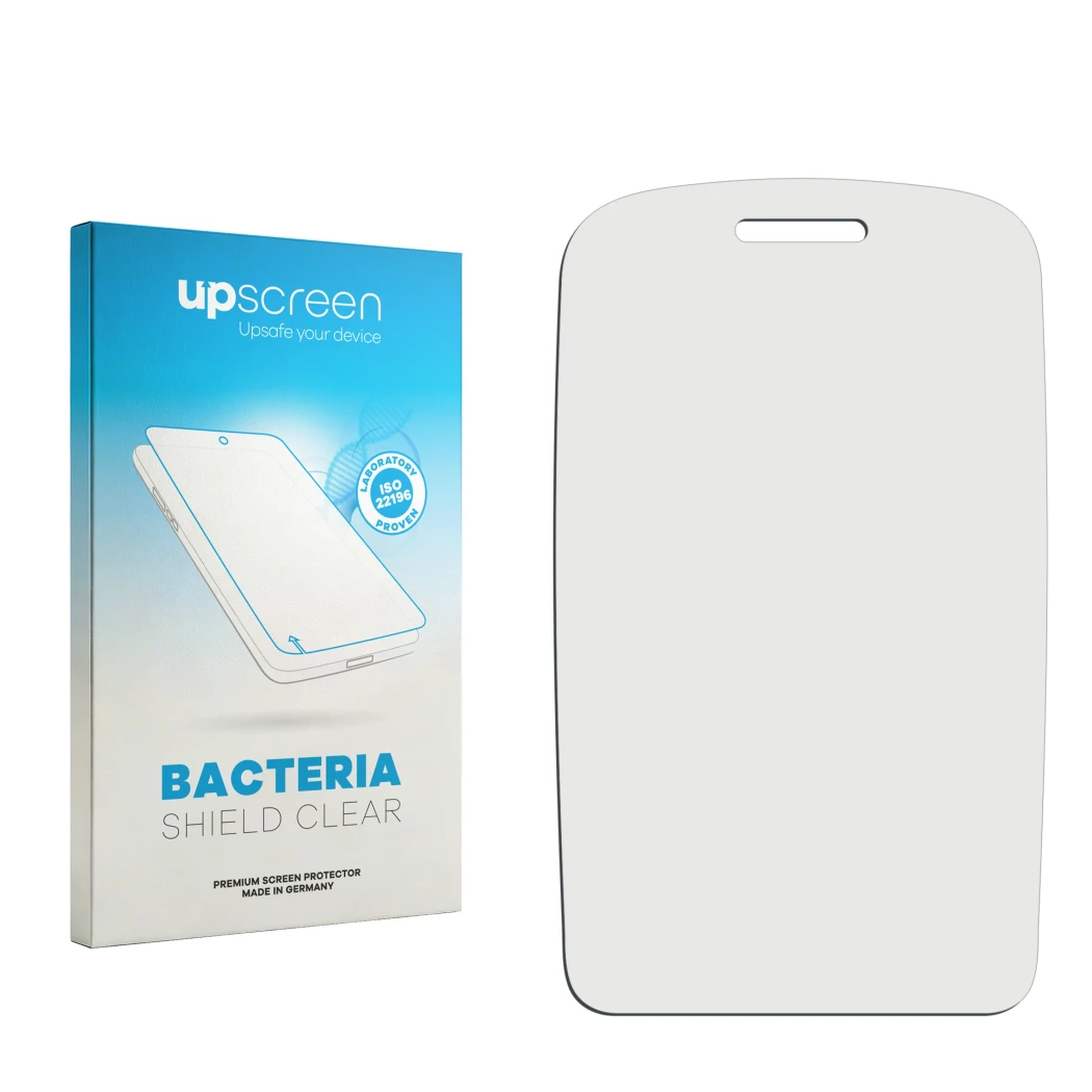 Parte frontal de un envase de producto con el logotipo de la marca upscreen. Al lado está el protector de pantalla correspondi