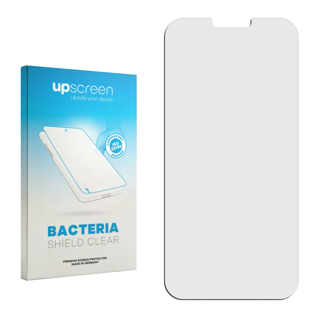 Parte frontal de un envase de producto con el logotipo de la marca upscreen. Al lado está el protector de pantalla correspondi