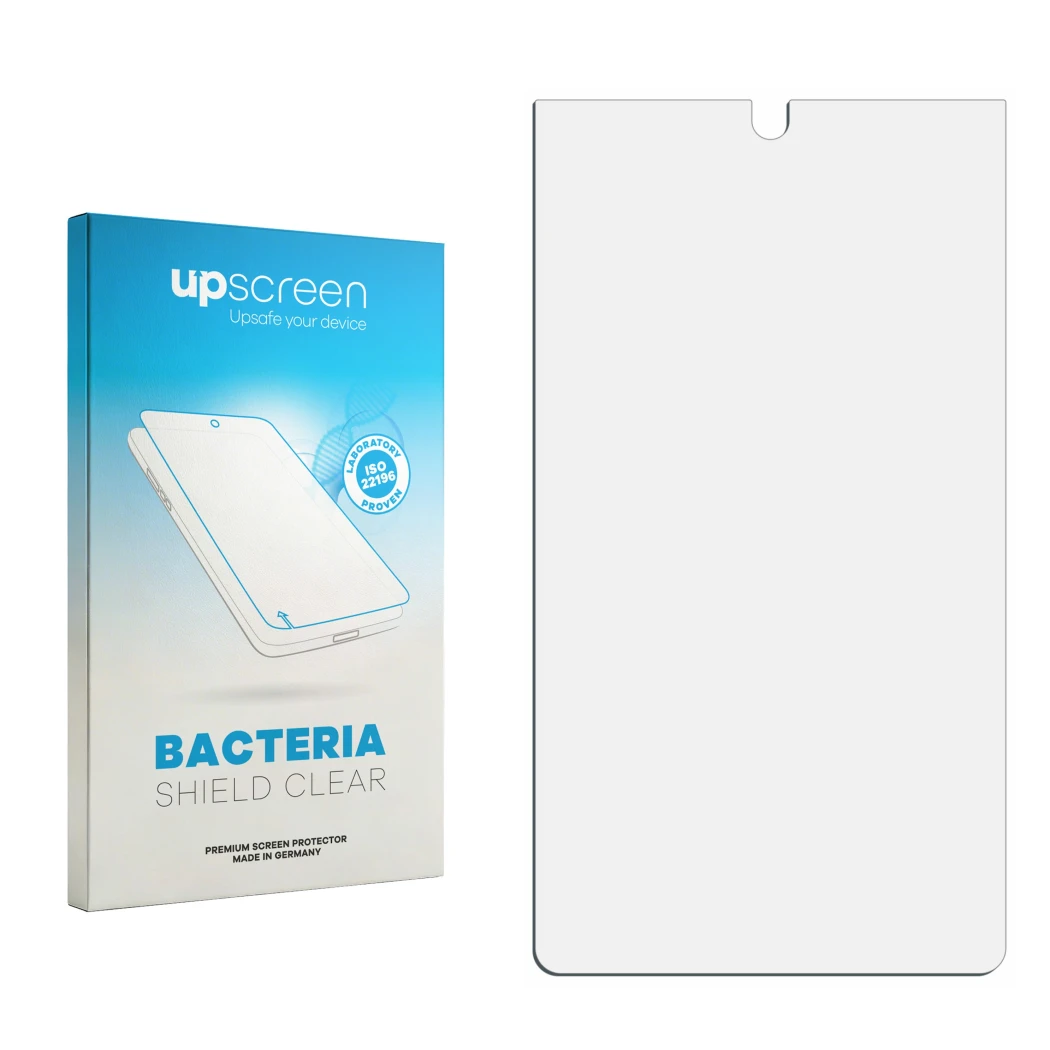 Parte frontal de un envase de producto con el logotipo de la marca upscreen. Al lado está el protector de pantalla correspondi
