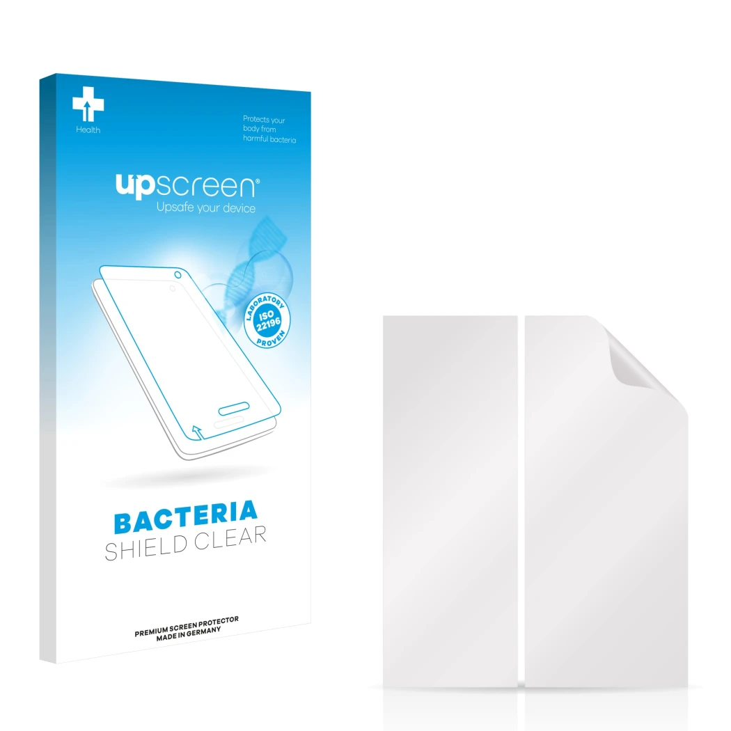 Parte frontal de un envase de producto con el logotipo de la marca upscreen. Al lado está el protector de pantalla correspondi