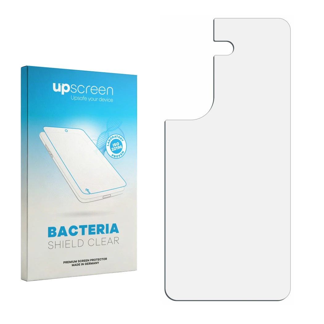 Parte frontal de un envase de producto con el logotipo de la marca upscreen. Al lado está el protector de pantalla correspondi