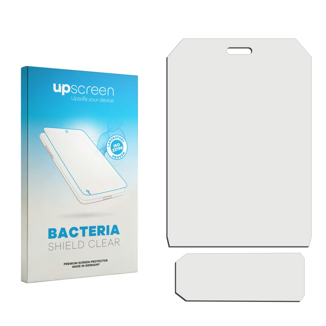 Parte frontal de un envase de producto con el logotipo de la marca upscreen. Al lado está el protector de pantalla correspondi