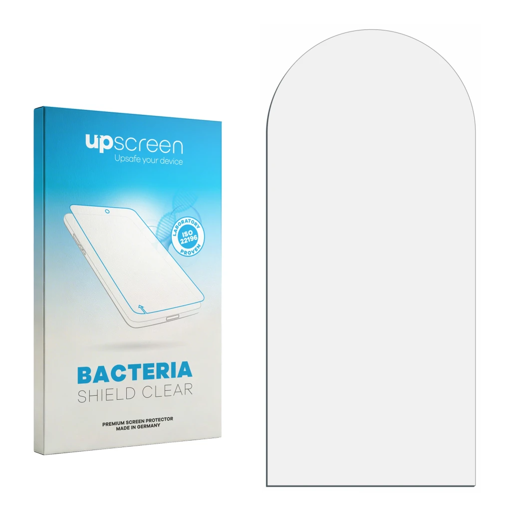 Parte frontal de un envase de producto con el logotipo de la marca upscreen. Al lado está el protector de pantalla correspondi