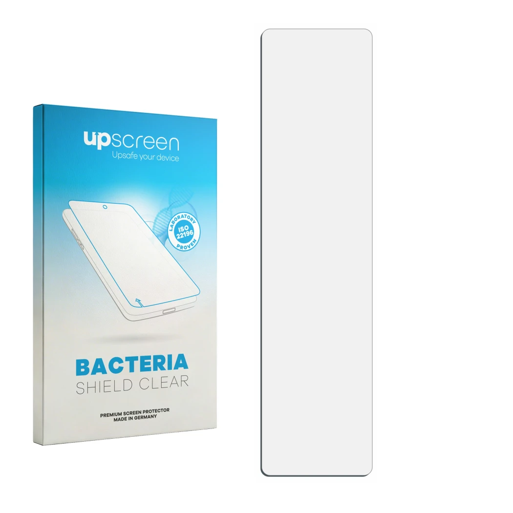 Parte frontal de un envase de producto con el logotipo de la marca upscreen. Al lado está el protector de pantalla correspondi