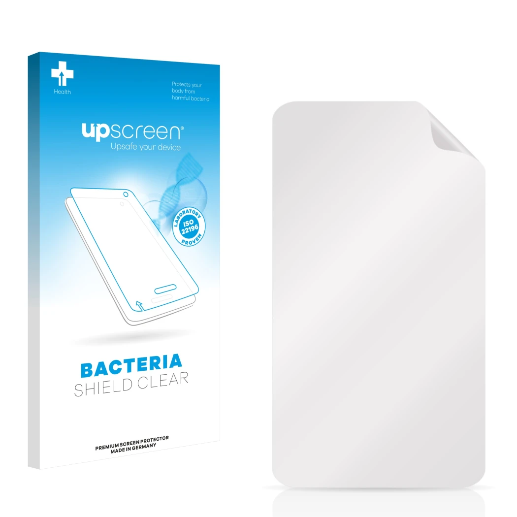 Parte frontal de un envase de producto con el logotipo de la marca upscreen. Al lado está el protector de pantalla correspondi