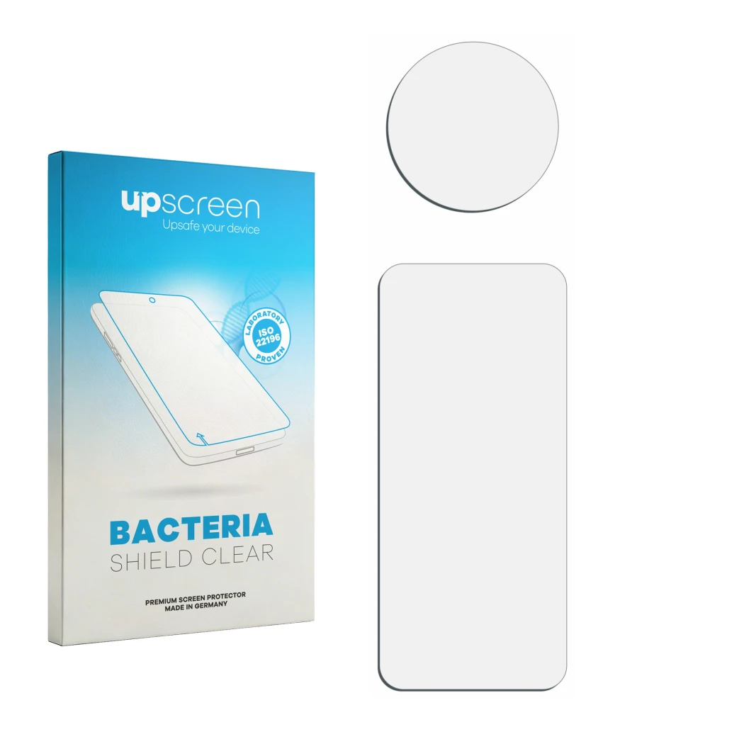 Parte frontal de un envase de producto con el logotipo de la marca upscreen. Al lado está el protector de pantalla correspondi