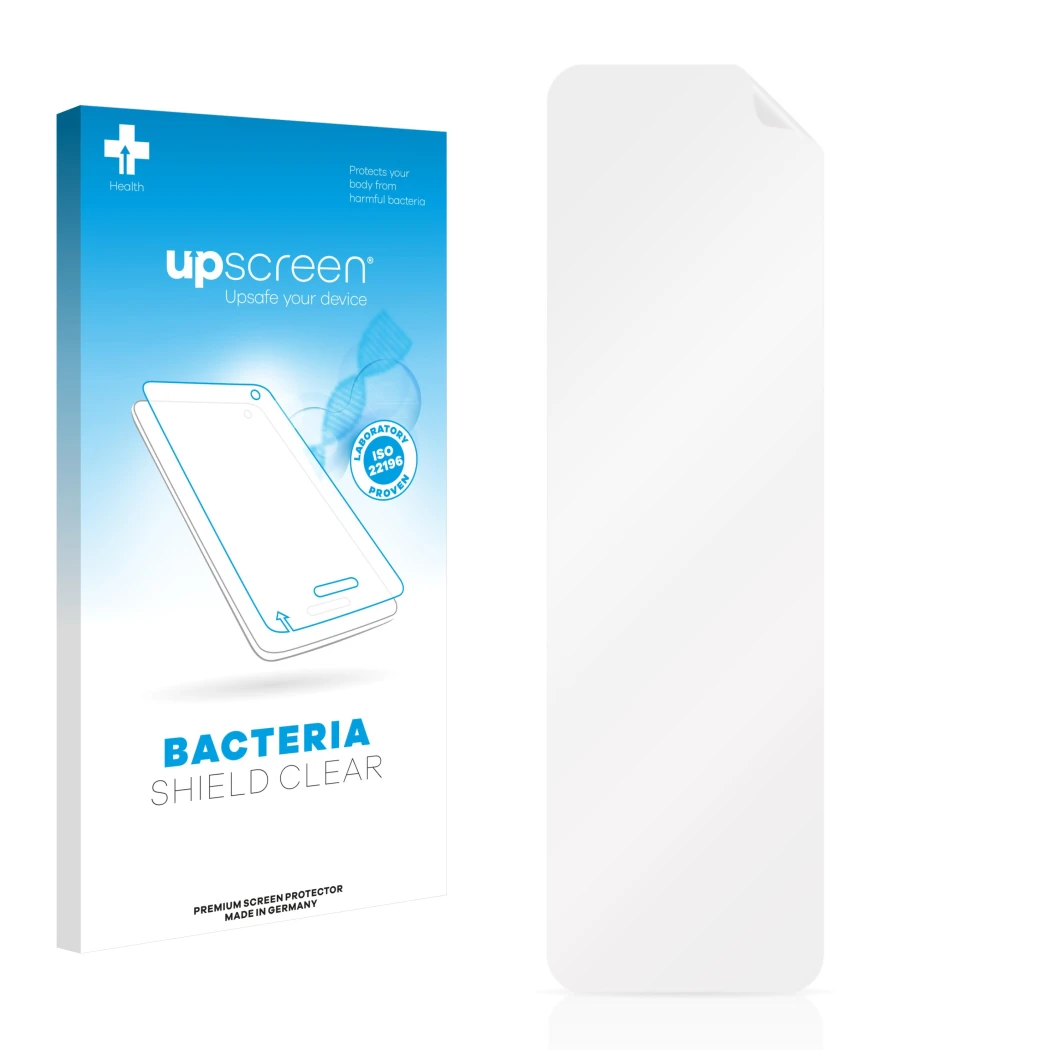 Parte frontal de un envase de producto con el logotipo de la marca upscreen. Al lado está el protector de pantalla correspondi