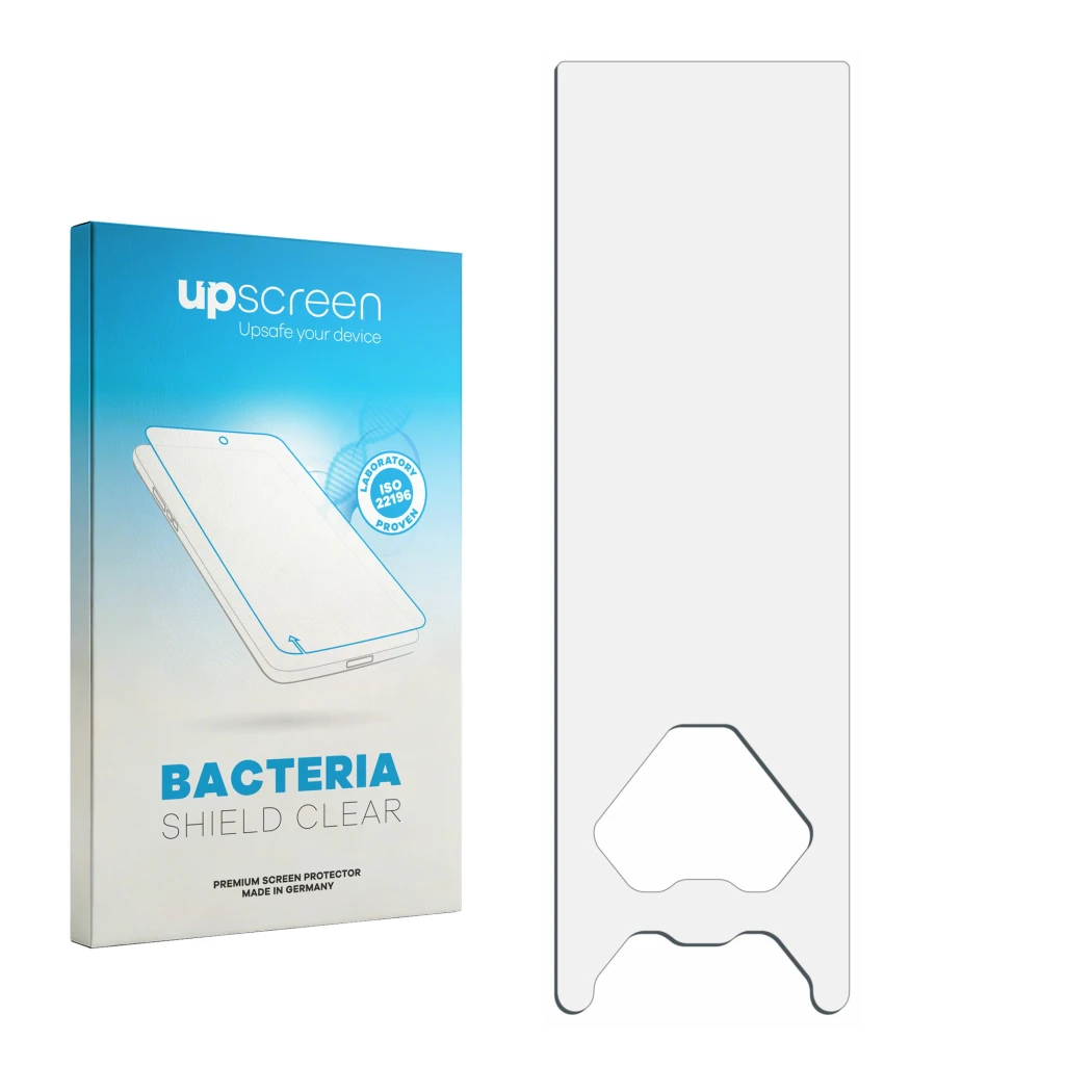 Parte frontal de un envase de producto con el logotipo de la marca upscreen. Al lado está el protector de pantalla correspondi