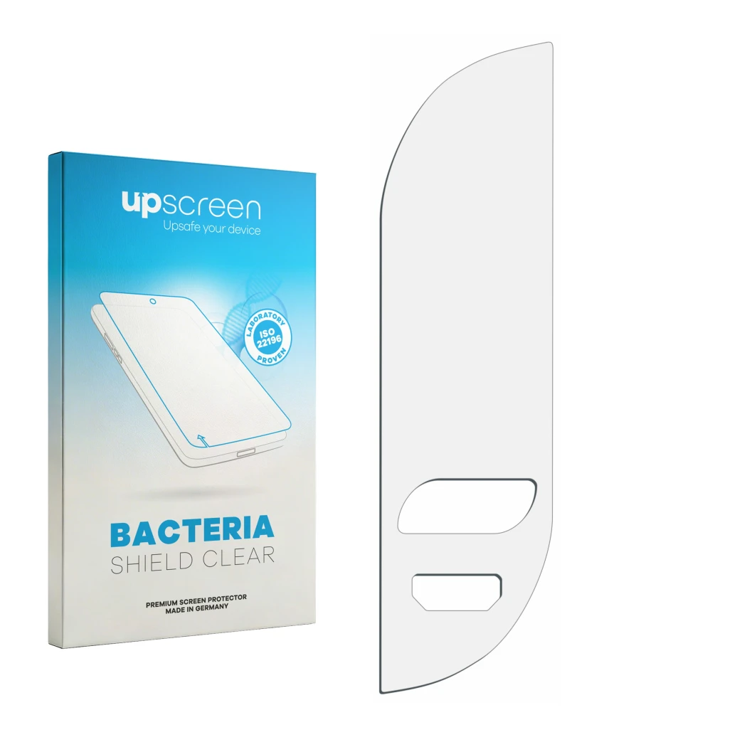 Parte frontal de un envase de producto con el logotipo de la marca upscreen. Al lado está el protector de pantalla correspondi