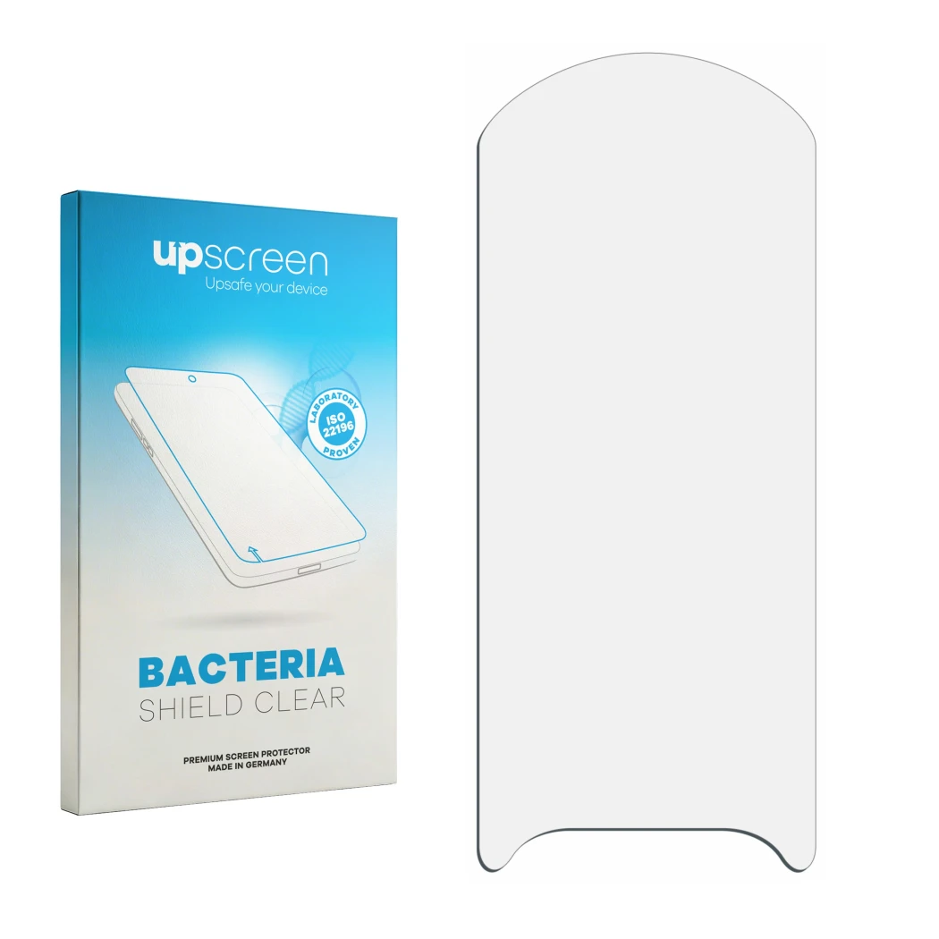 Parte frontal de un envase de producto con el logotipo de la marca upscreen. Al lado está el protector de pantalla correspondi