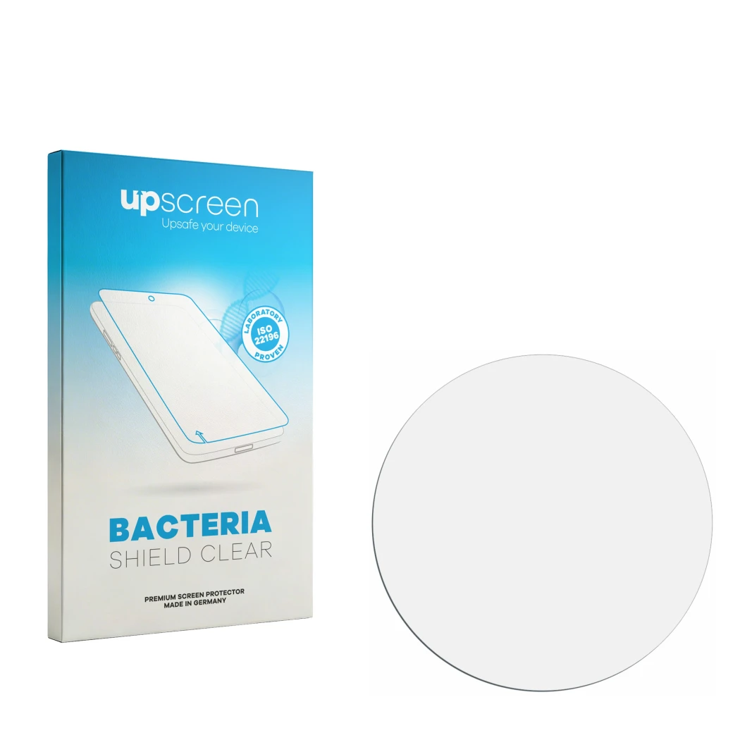 Parte frontal de un envase de producto con el logotipo de la marca upscreen. Al lado está el protector de pantalla correspondi