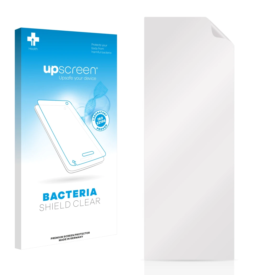 Parte frontal de un envase de producto con el logotipo de la marca upscreen. Al lado está el protector de pantalla correspondi
