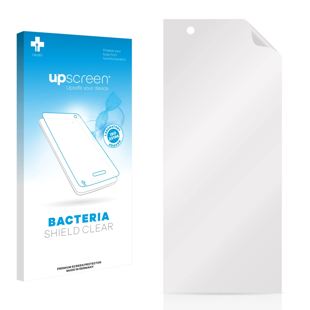 Parte frontal de un envase de producto con el logotipo de la marca upscreen. Al lado está el protector de pantalla correspondi