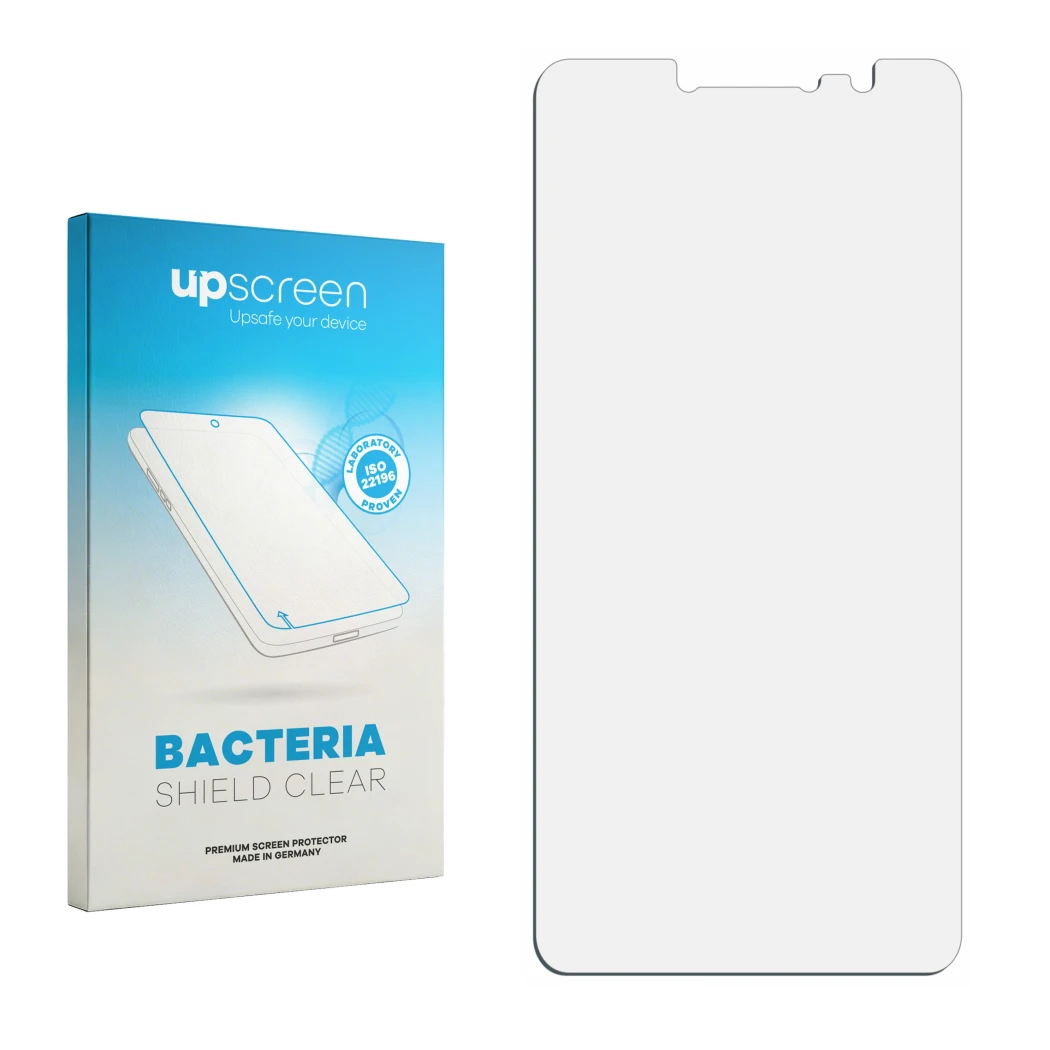 Parte frontal de un envase de producto con el logotipo de la marca upscreen. Al lado está el protector de pantalla correspondi