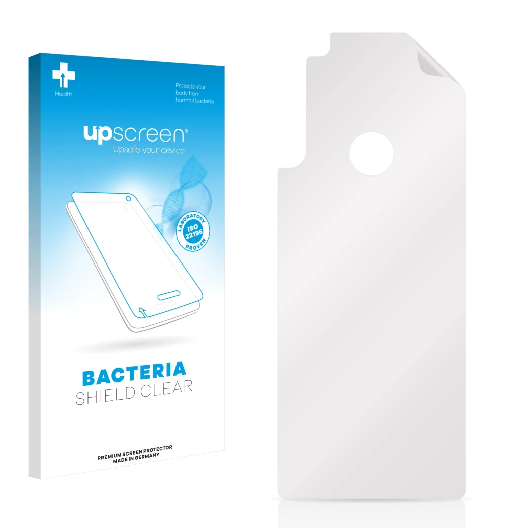 Parte frontal de un envase de producto con el logotipo de la marca upscreen. Al lado está el protector de pantalla correspondi