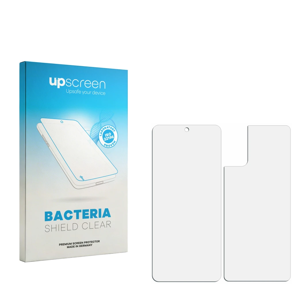 Parte frontal de un envase de producto con el logotipo de la marca upscreen. Al lado está el protector de pantalla correspondi