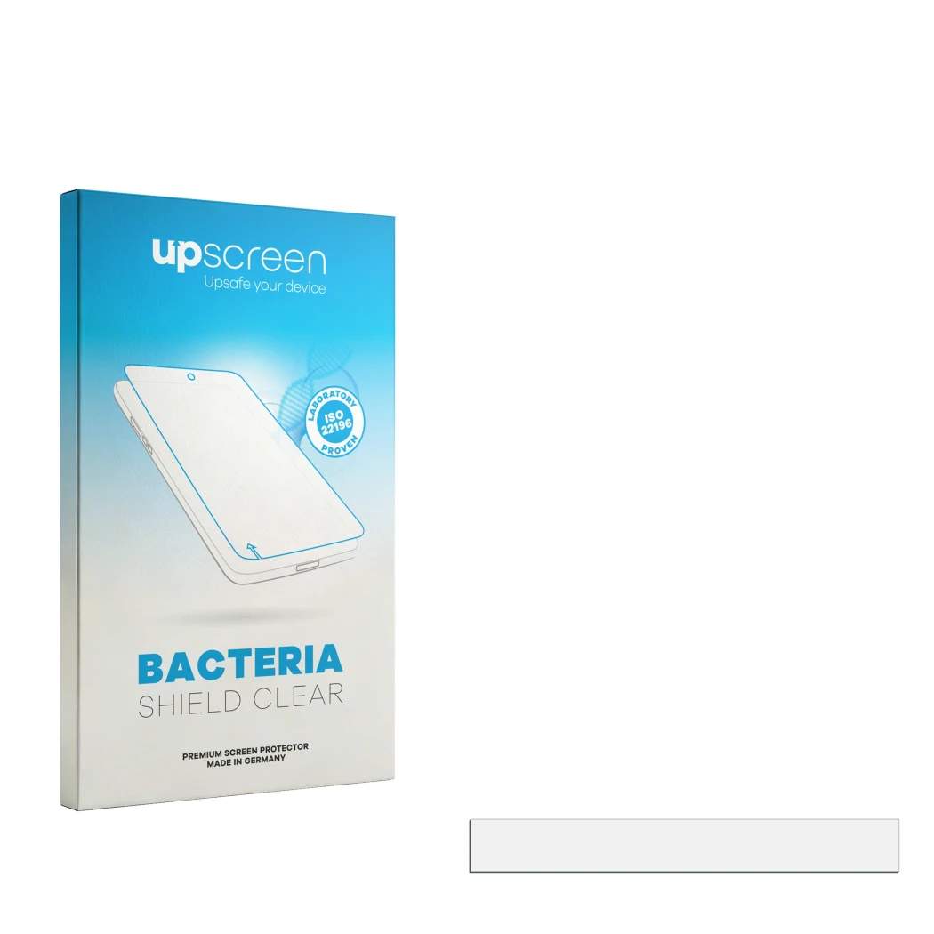 Parte frontal de un envase de producto con el logotipo de la marca upscreen. Al lado está el protector de pantalla correspondi