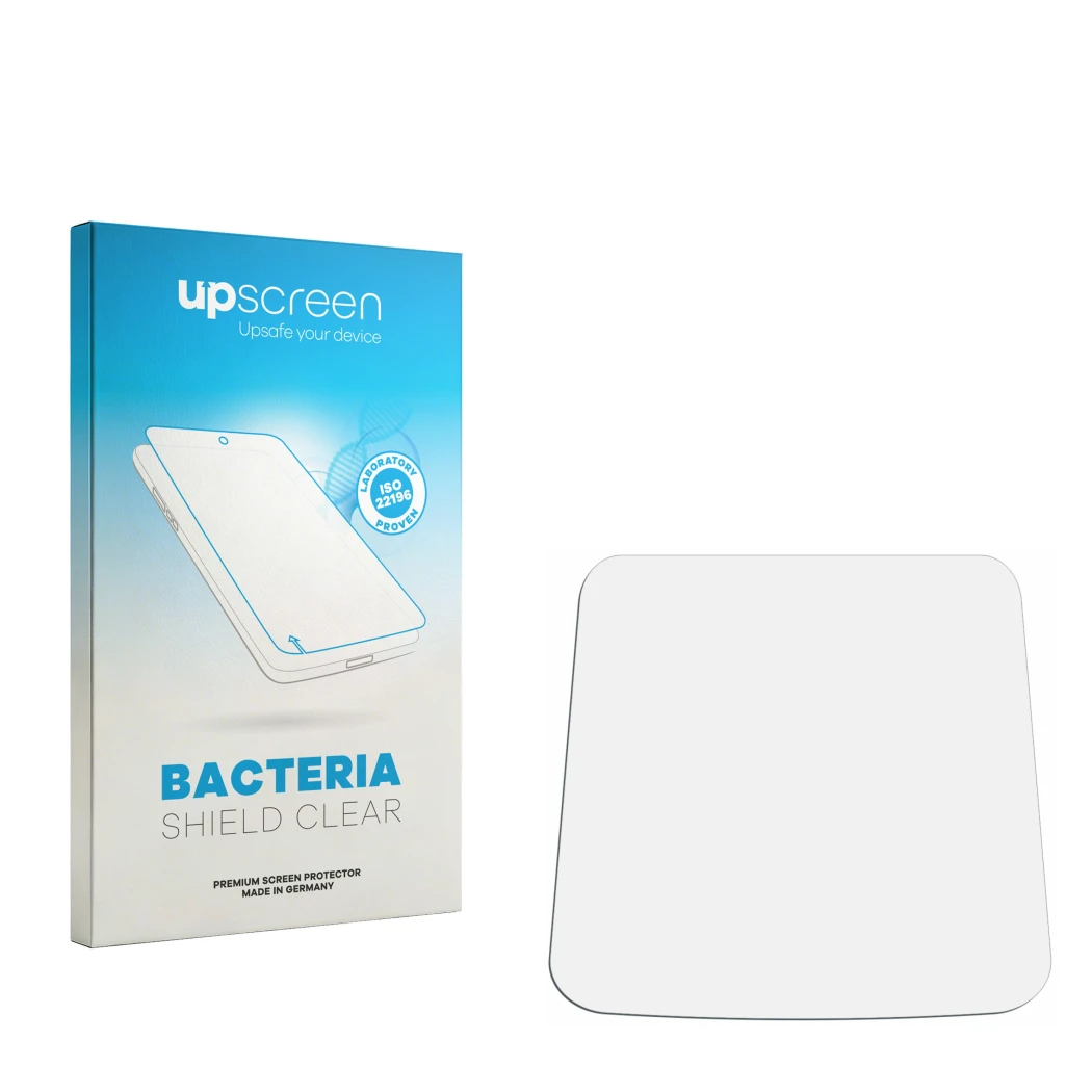 Parte frontal de un envase de producto con el logotipo de la marca upscreen. Al lado está el protector de pantalla correspondi