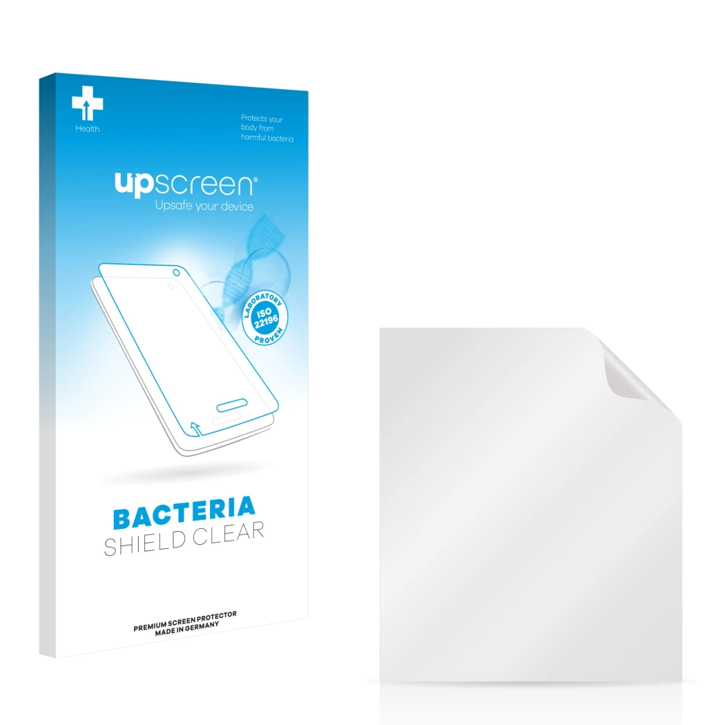 Parte frontal de un envase de producto con el logotipo de la marca upscreen. Al lado está el protector de pantalla correspondi