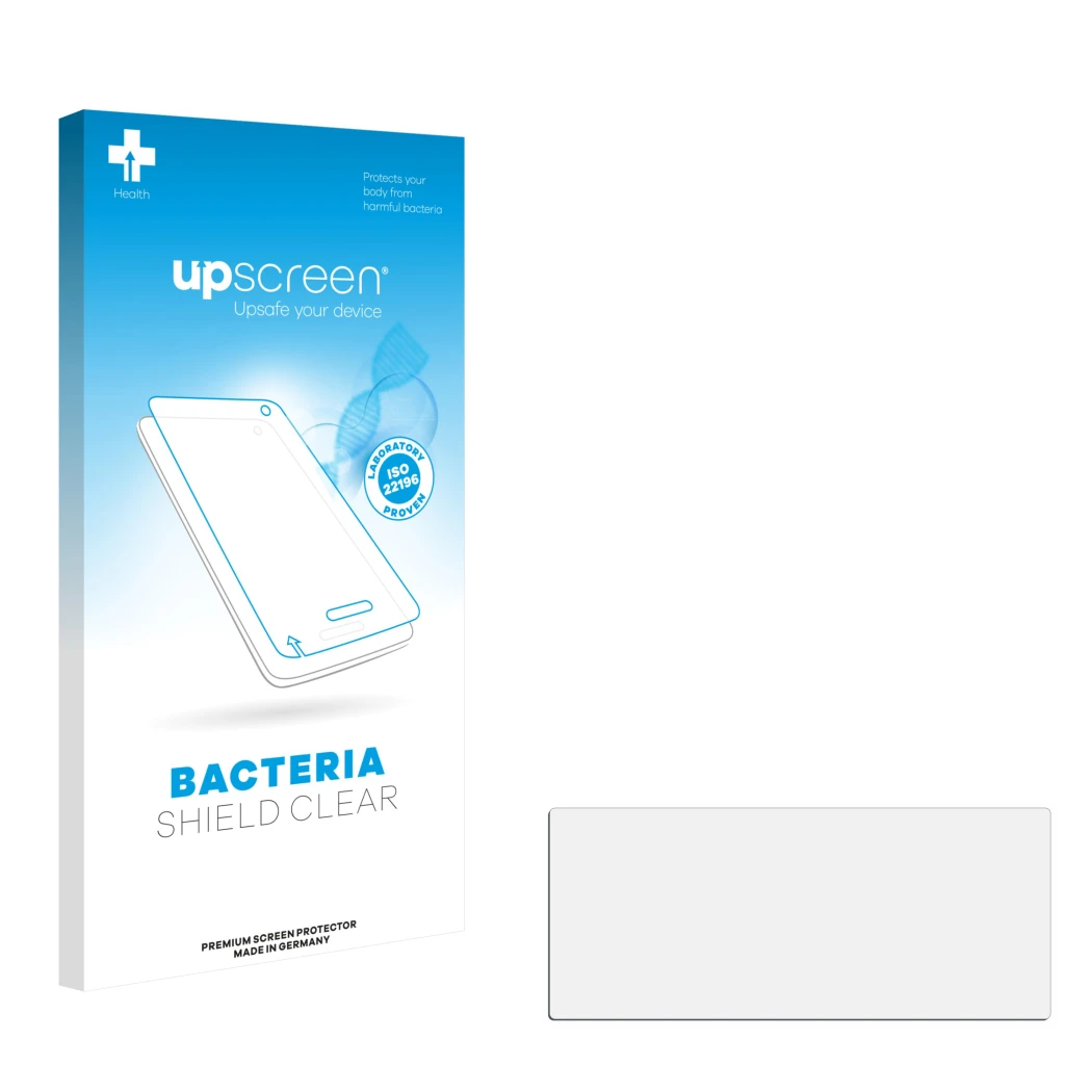 Parte frontal de un envase de producto con el logotipo de la marca upscreen. Al lado está el protector de pantalla correspondi