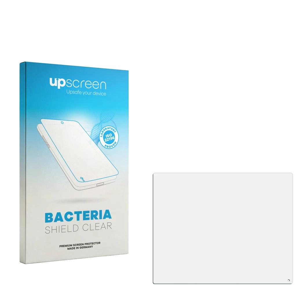 Parte frontal de un envase de producto con el logotipo de la marca upscreen. Al lado está el protector de pantalla correspondi
