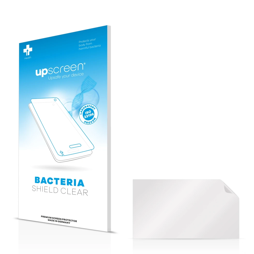 Parte frontal de un envase de producto con el logotipo de la marca upscreen. Al lado está el protector de pantalla correspondi