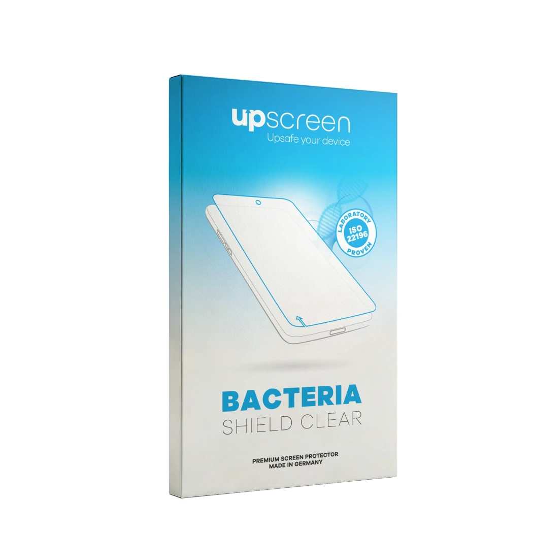 Parte frontal de un envase de producto con el logotipo de la marca upscreen. Al lado está el protector de pantalla correspondi