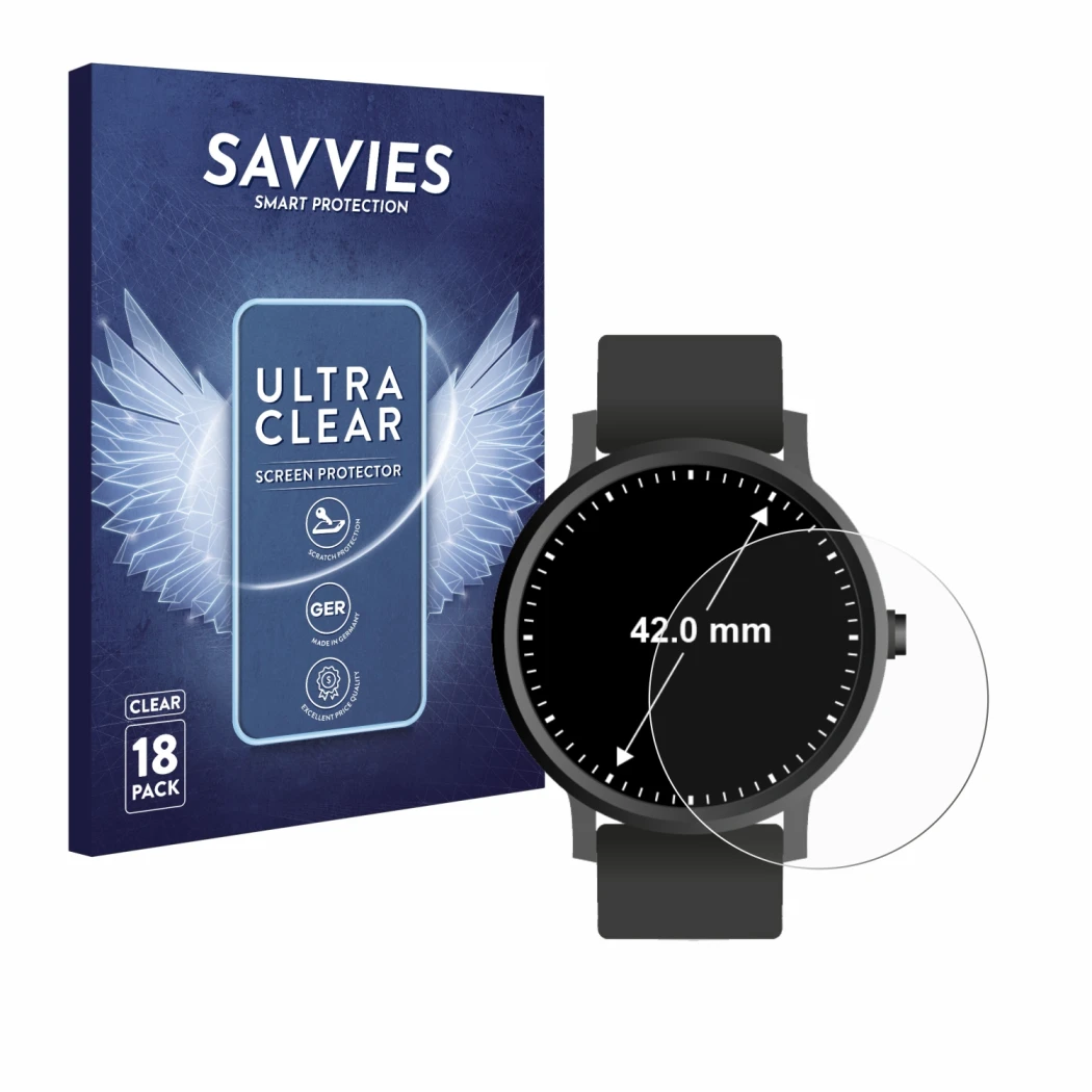 Parte frontal de un envase de producto con el logotipo de la marca Savvies. Al lado se muestra el dispositivo Relojes (Circula