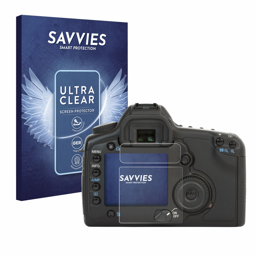 Parte frontal de un envase de producto con el logotipo de la marca Savvies. Al lado se muestra el dispositivo Canon EOS 5D con
