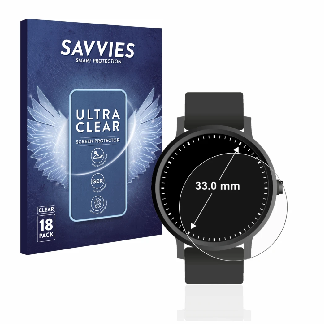 Parte frontal de un envase de producto con el logotipo de la marca Savvies. Al lado se muestra el dispositivo Relojes (Circula