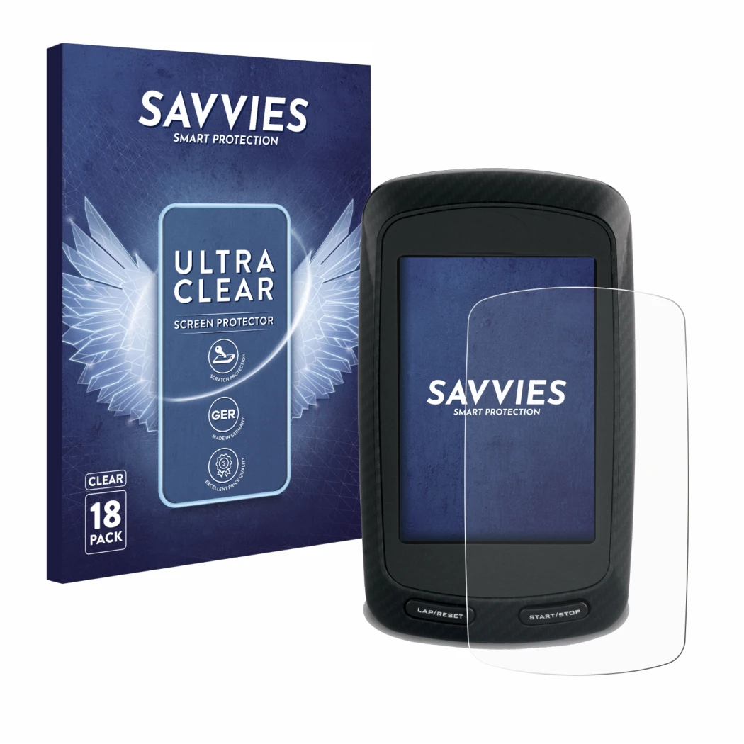 Parte frontal de un envase de producto con el logotipo de la marca Savvies. Al lado se muestra el dispositivo Garmin Edge 800 