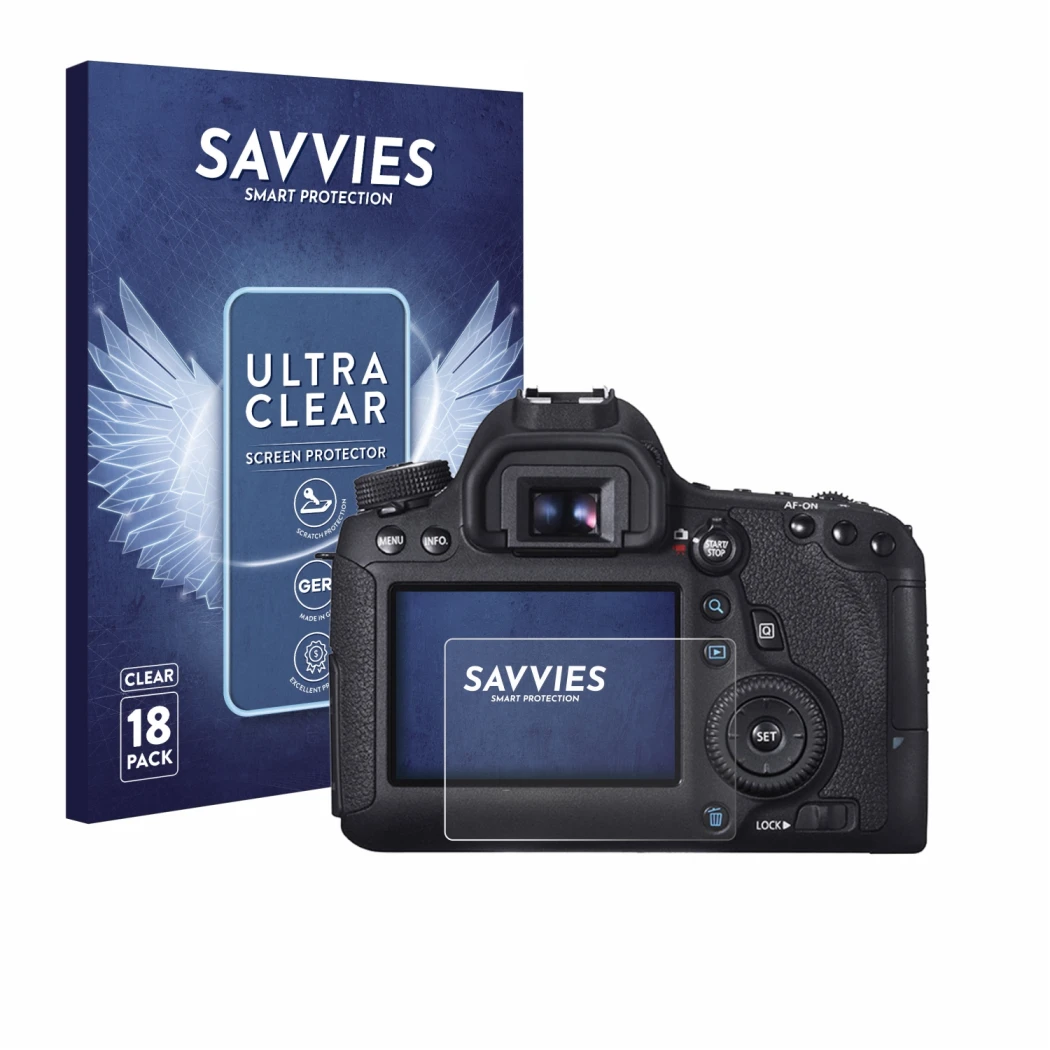 Parte frontal de un envase de producto con el logotipo de la marca Savvies. Al lado se muestra el dispositivo Canon EOS 6D con