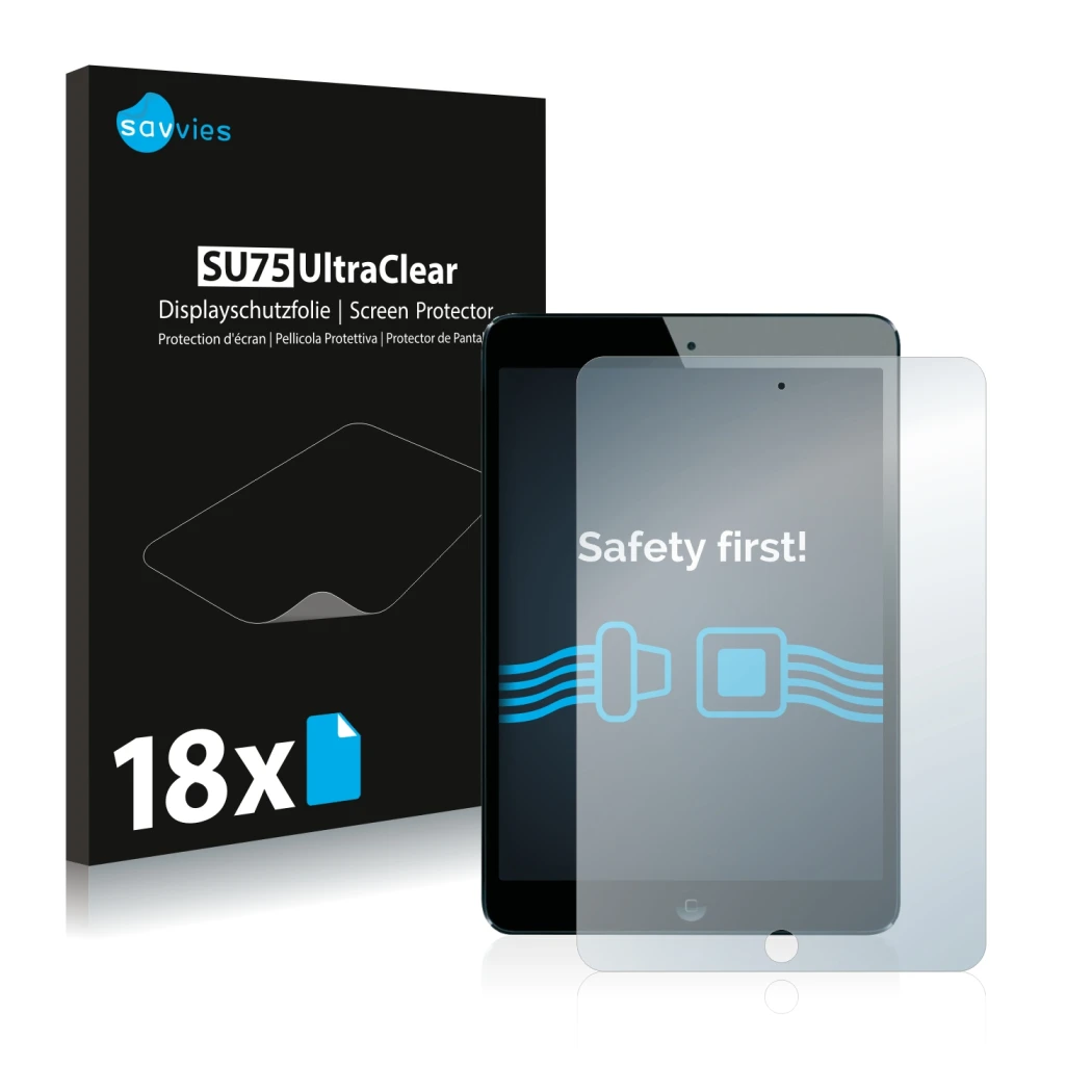 Parte frontal de un envase de producto con el logotipo de la marca Savvies. Al lado se muestra el dispositivo Apple iPad Mini 