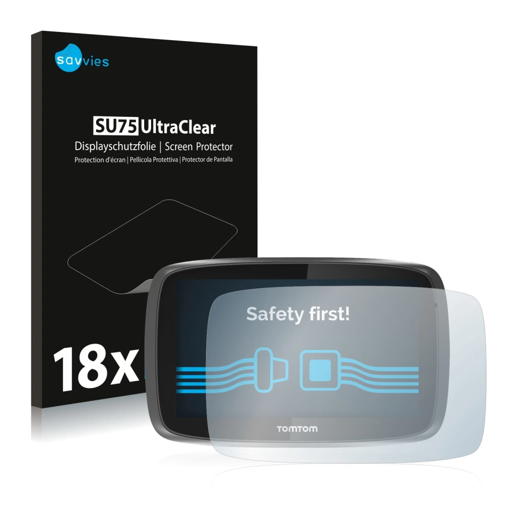 Parte frontal de un envase de producto con el logotipo de la marca Savvies. Al lado se muestra el dispositivo TomTom GO 5000 c