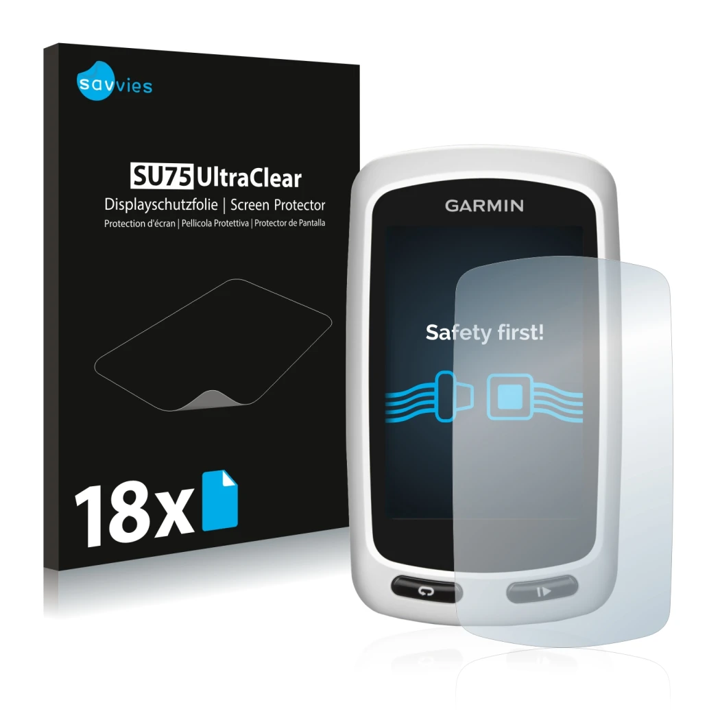 Parte frontal de un envase de producto con el logotipo de la marca Savvies. Al lado se muestra el dispositivo Garmin Edge Tour